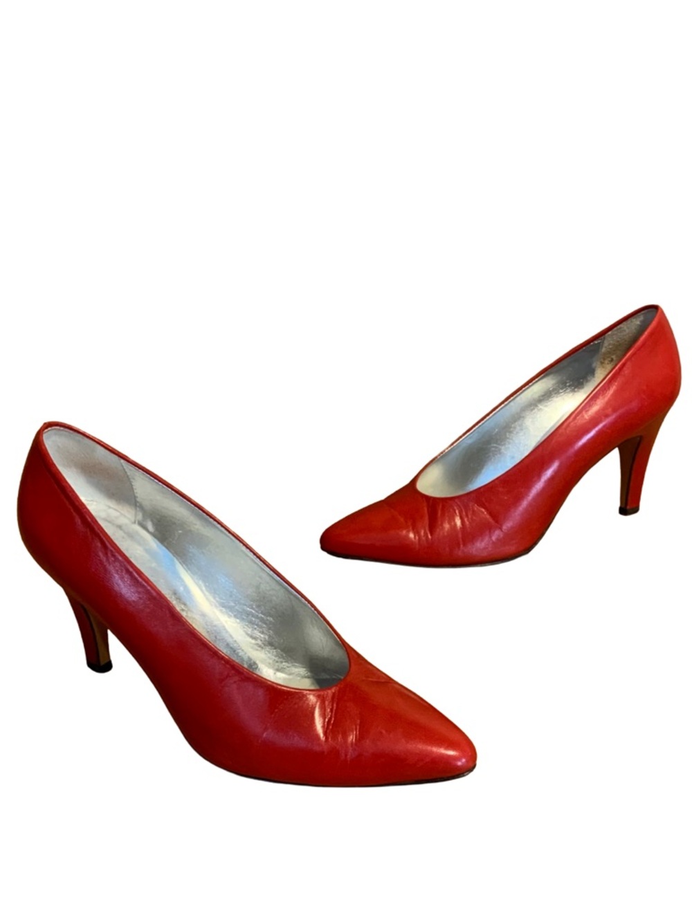 VINTAGE 1980'S PERRY ELLIS RED LEATHER CLASSIC PUMP HEELS (8M)